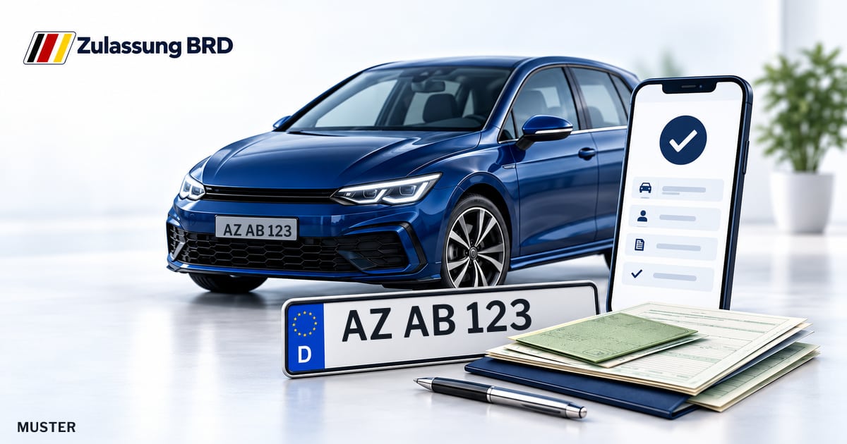 Online Fahrzeugzulassung in Alzey: Musterkennzeichen AZ AB 123, Auto und Fahrzeugpapiere und Smartphone. Illustration mit Logo von Zulassung BRD.